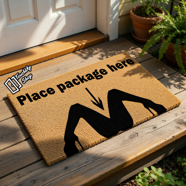 Funny Place Package Here doormat with a silhouette of legs in high heels, this natural coir fiber welcome mat features a bold arrow pointing to the crotch area for a cheeky delivery instruction front porch decor for your home