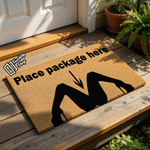 Funny Place Package Here doormat with a silhouette of legs in high heels, this natural coir fiber welcome mat features a bold arrow pointing to the crotch area for a cheeky delivery instruction front porch decor for your home