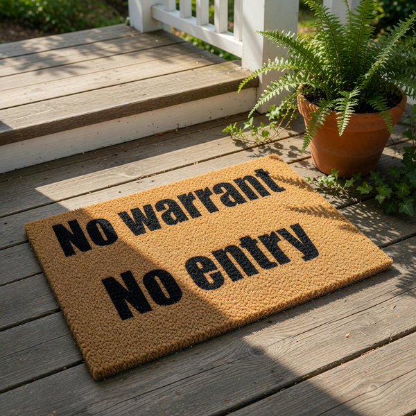 No Warrant No Entry doormat, a funny front porch welcome mat made of natural coir fiber with bold black text, perfect for a humorous home entrance, housewarming decor, or a sarcastic outdoor floor rug for your front door entryway.