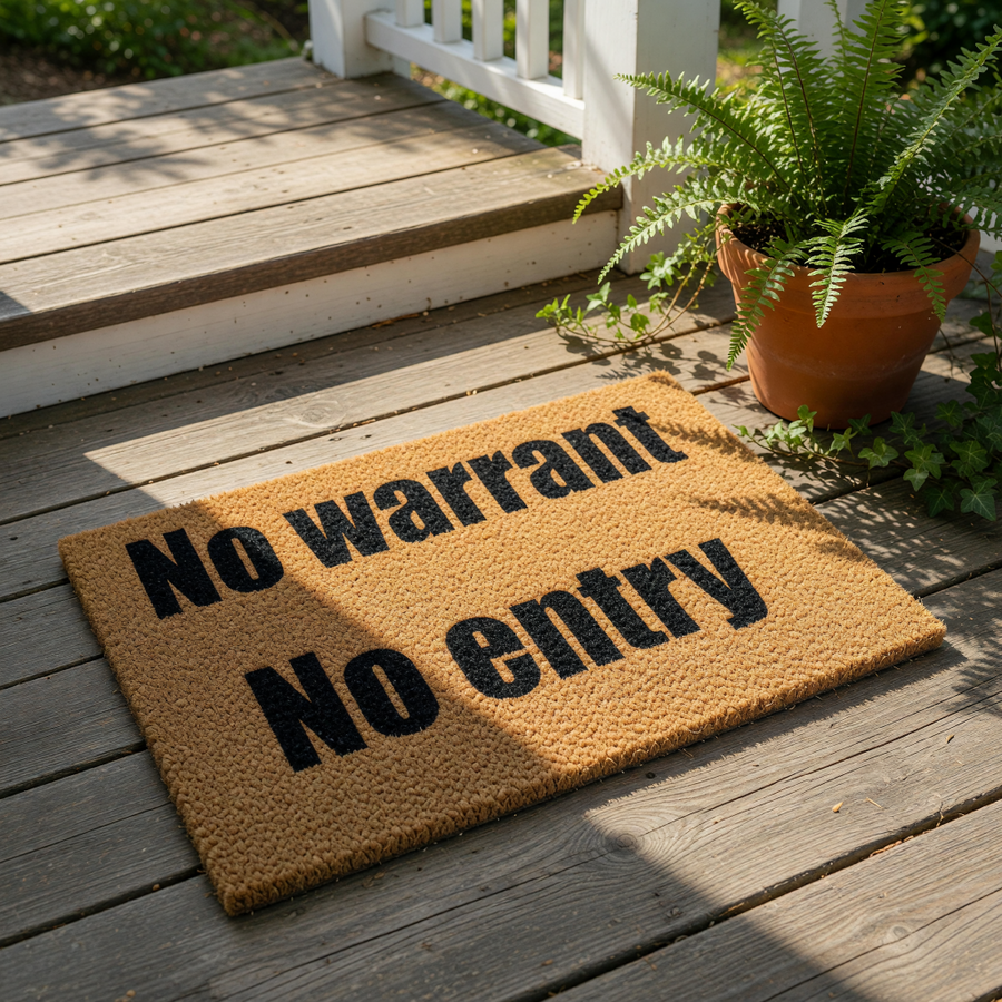 No Warrant No Entry doormat, a funny front porch welcome mat made of natural coir fiber with bold black text, perfect for a humorous home entrance, housewarming decor, or a sarcastic outdoor floor rug for your front door entryway.