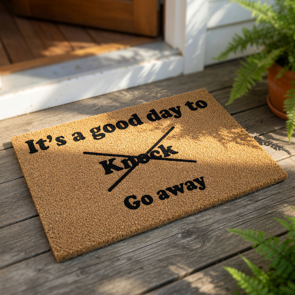 Funny doormat with text It is a good day to knock go away, featuring a crossed-out word design on a natural coir fiber welcome mat, perfect for a humorous front porch entrance or a sarcastic housewarming decor piece for your home.