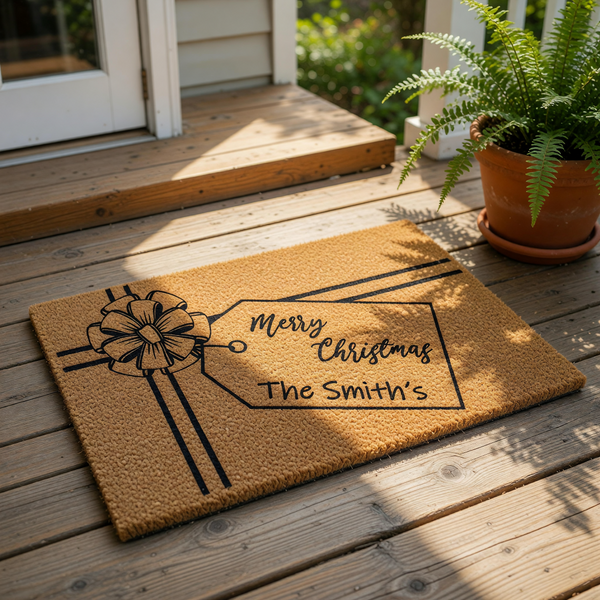 Personalized Christmas gift doormat featuring a festive bow and a custom family name tag design on natural coir fiber, this holiday welcome mat is a durable outdoor floor rug for your front porch decor during the winter season.