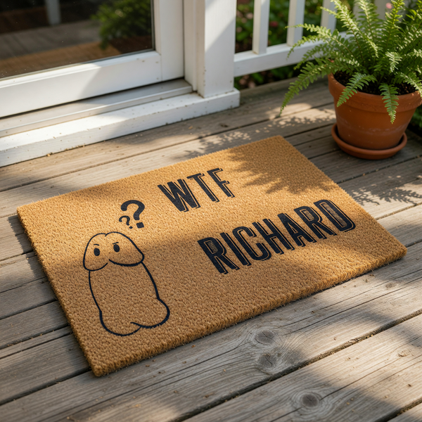 Funny penis doormat with a rude graphic and the text WTF Richard, this natural coir welcome mat features a humorous design for a front porch, making it a cheeky housewarming gift or a bold statement piece for your home entryway