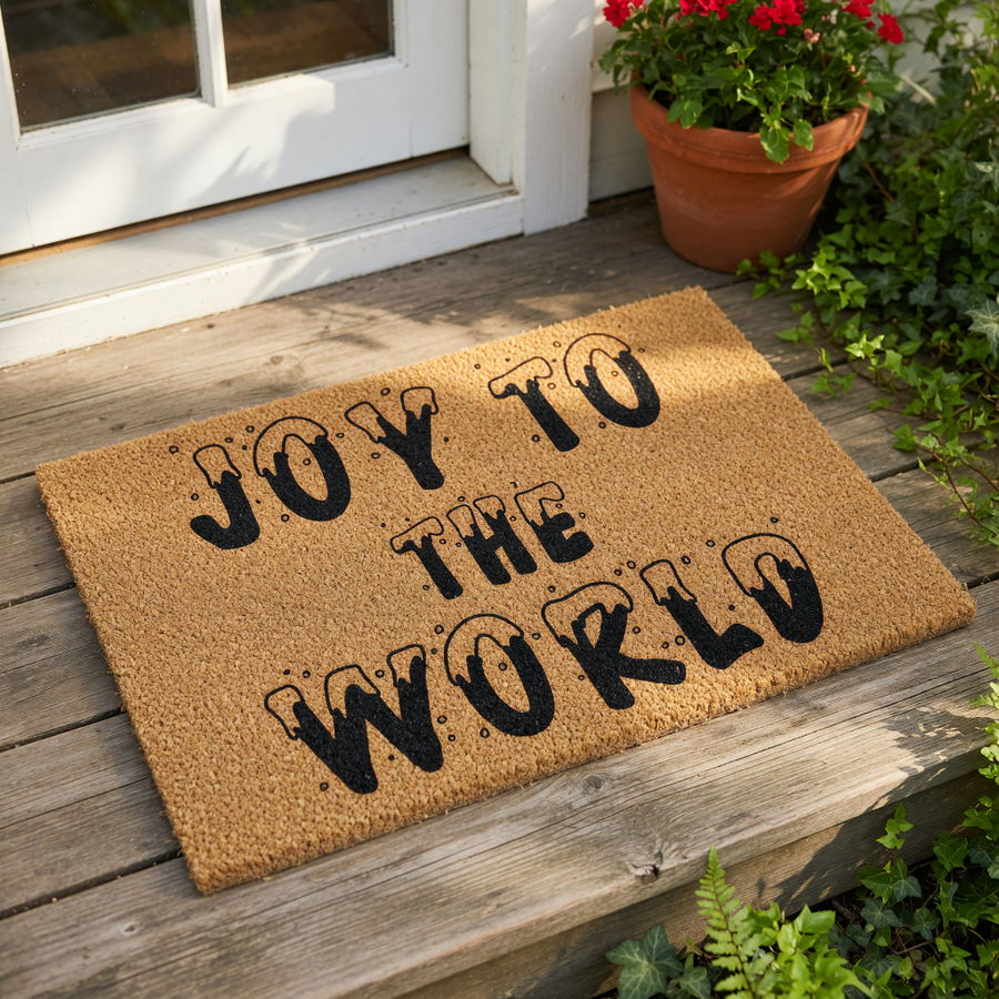 Joy to the World holiday doormat featuring black text with a melting drip effect on a natural coir fiber mat, perfect for a festive front porch entrance or seasonal home decor for your entryway floor during the winter season.
