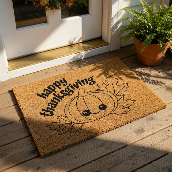 Happy Thanksgiving coir doormat featuring a cute cartoon pumpkin and autumn leaves, this natural fiber welcome mat is a festive fall porch decor piece for your home entrance during the holiday season and harvest celebration.