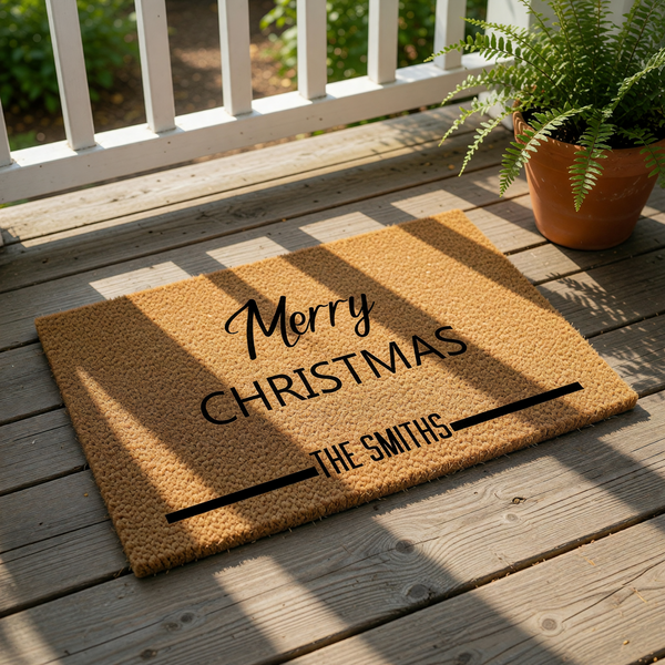 Personalized Merry Christmas doormat made of natural coir fiber, featuring a festive holiday design with custom family name text for a front porch entry, perfect for seasonal home decor and outdoor welcome mat floor covering