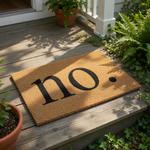 Funny no. doormat made of natural coir fiber with a bold black font, serving as a sarcastic welcome mat for your front porch or entryway that keeps unwanted visitors away with its blunt and humorous home decor design.