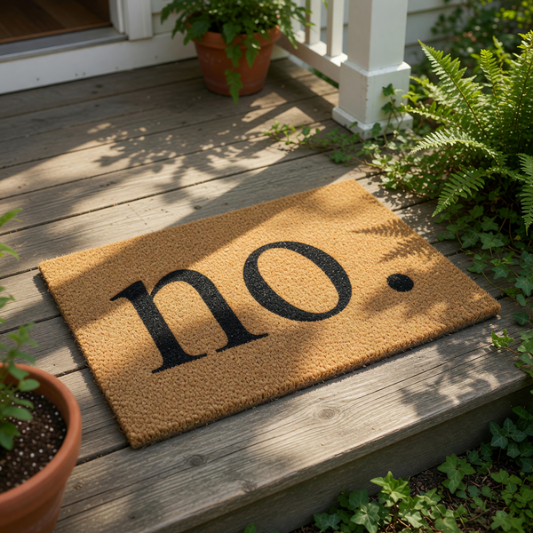 Funny no. doormat made of natural coir fiber with a bold black font, serving as a sarcastic welcome mat for your front porch or entryway that keeps unwanted visitors away with its blunt and humorous home decor design.