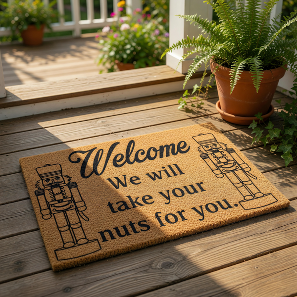 Nutcracker welcome doormat featuring a funny holiday quote that says we will take your nuts for you, printed on a natural coir fiber welcome mat for your front porch decor during the winter season and festive Christmas home entry.