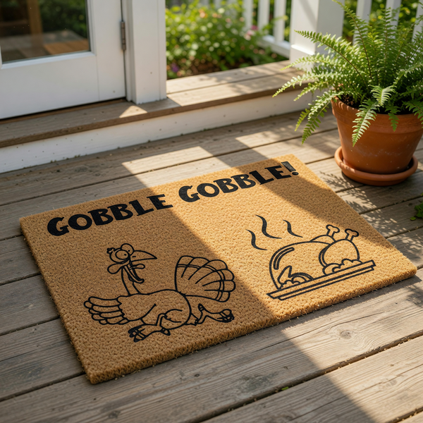 Thanksgiving turkey doormat featuring a funny cartoon bird and a cooked dinner platter with the text Gobble Gobble, this natural coir fiber welcome mat is a festive fall porch decor piece for your home entrance during the holiday