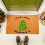 Christmas tree doormat with festive holiday text, featuring a colorful decorated pine tree design on a natural coir welcome mat, perfect for seasonal porch decor and front door entryways during the winter holiday home season.
