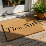 Custom coir doormat featuring the text Tice Nits in bold black lettering, this natural fiber welcome mat is a durable outdoor floor rug for your front porch entry, perfect for personalized home decor and housewarming gift ideas.