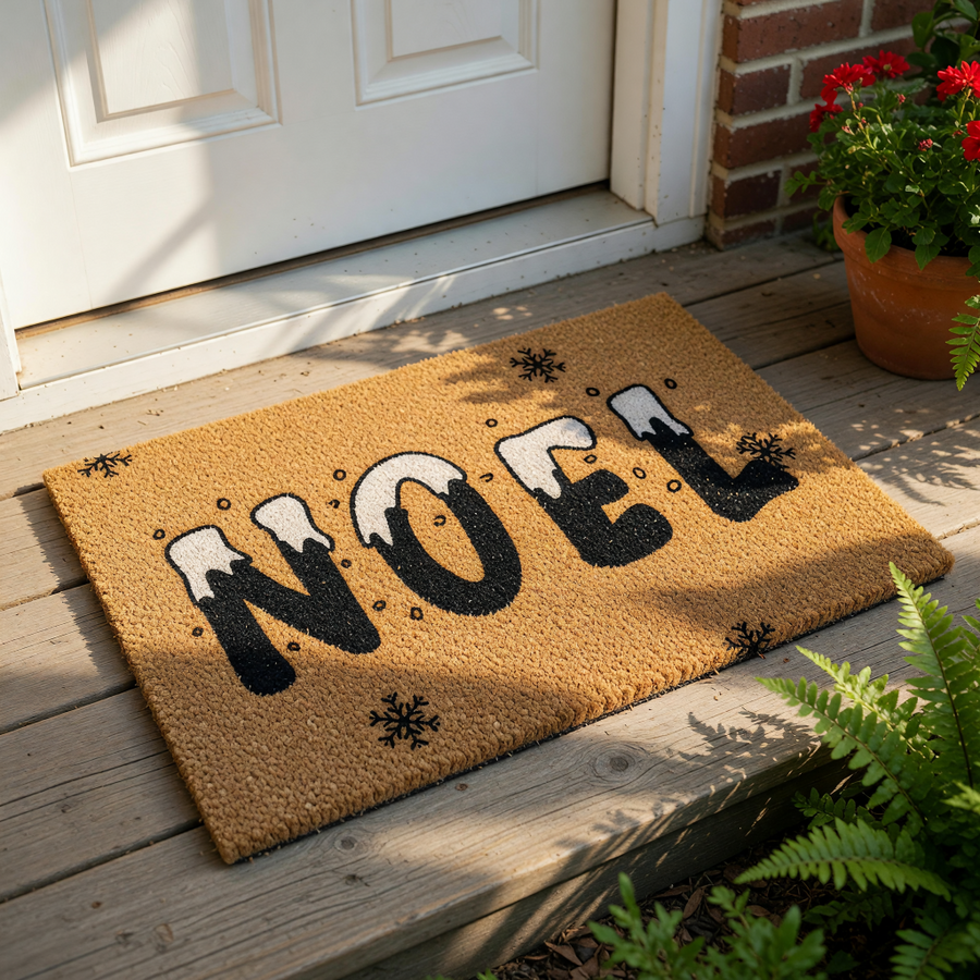 Noel Christmas doormat with a festive winter design featuring black letters topped with snow and small snowflakes on a natural coir fiber welcome mat, perfect for holiday porch decor and seasonal entryway floor mats.