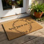 Fantasy quote doormat featuring the text Speak Friend and Enter in a circular script design on a natural coir fiber welcome mat, perfect for a front porch entrance or home decor for fans of epic adventure stories and magical