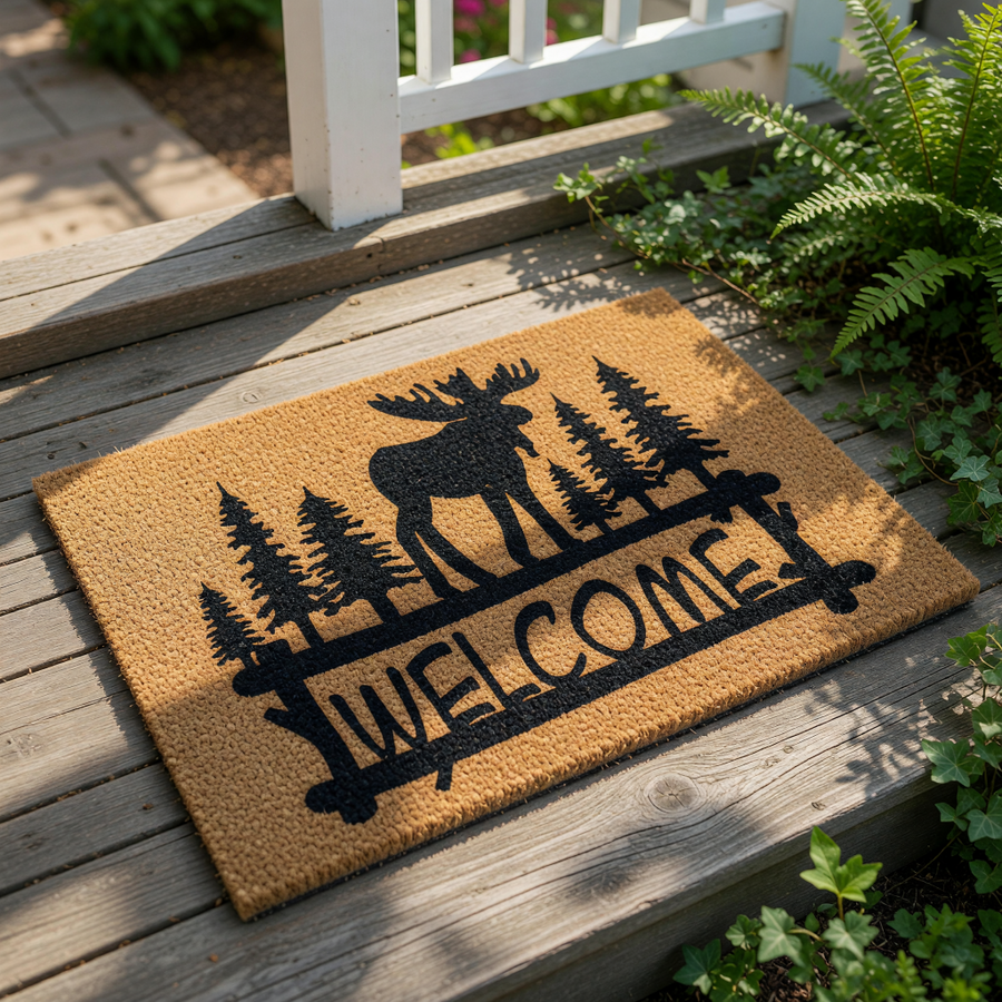 Moose welcome doormat featuring a rustic forest scene with pine trees and a large moose silhouette, this natural coir fiber welcome mat is a stylish outdoor floor rug for your cabin, lodge, or farmhouse front porch entryway decor.
