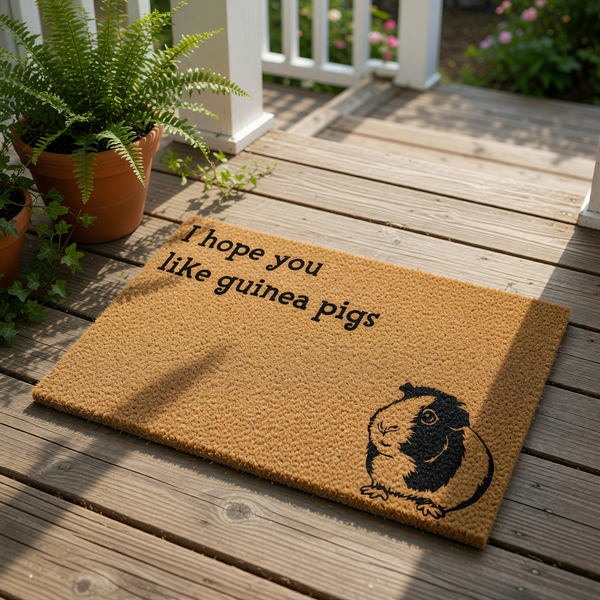 Guinea pig doormat with a funny quote that says I hope you like guinea pigs, featuring a cute illustration of a small pet on a natural coir fiber welcome mat for animal lovers and home entry decor for pet owners.