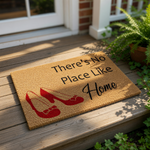 There is no place like home doormat featuring bright red shoes, this natural coir fiber welcome mat is a stylish front porch decor piece that adds a whimsical touch to your entryway floor and makes a charming housewarming house