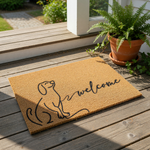 Dog welcome doormat featuring a minimalist line art puppy illustration on a natural coir fiber mat, this cute pet lover front door rug adds a charming touch to any entryway for dog owners and animal enthusiasts looking for home