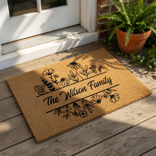 Personalized family name doormat featuring a black floral line art design on a natural coir welcome mat, perfect for a custom housewarming entry rug or front porch decor that adds a stylish touch to any home entrance.