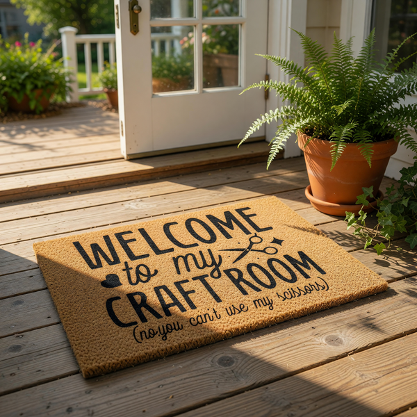 Craft room doormat with funny quote, this natural coir welcome mat features black text reading Welcome to my craft room no you can not use my scissors, a perfect humorous floor rug for any crafter, sewing enthusiast, or hobby