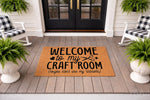 Craft room welcome doormat with funny quote no you can't use my scissors, featuring a natural coir fiber mat on a front porch, perfect for a hobby room entrance, sewing studio decor, or a unique gift for crafters and DIY