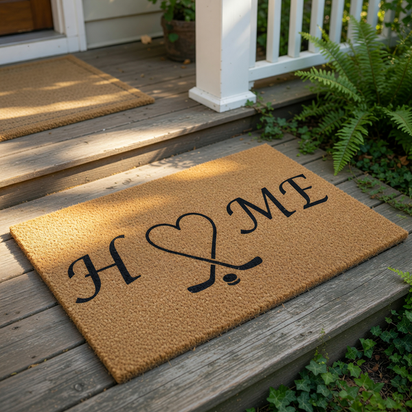 Hockey home doormat with a natural coir fiber texture, featuring the word HOME printed in black with two crossed hockey sticks forming a heart shape, perfect for a sports fan front porch entry rug or a housewarming welcome mat.