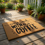 Come Back With Coffee doormat featuring bold black typography and cute coffee cup icons on a natural coir fiber mat, perfect as a funny front porch welcome mat for caffeine lovers and home decor enthusiasts who enjoy humor.