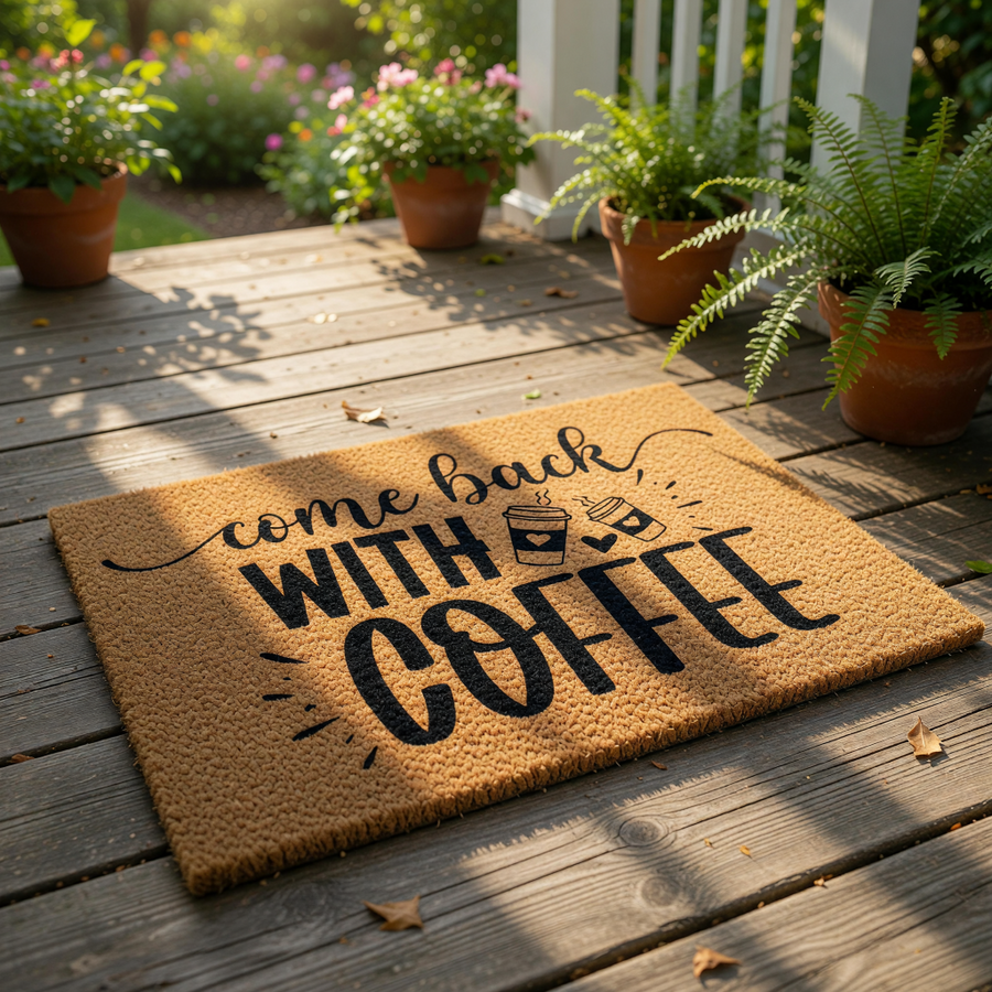 Come Back With Coffee doormat featuring bold black typography and cute coffee cup icons on a natural coir fiber mat, perfect as a funny front porch welcome mat for caffeine lovers and home decor enthusiasts who enjoy humor.