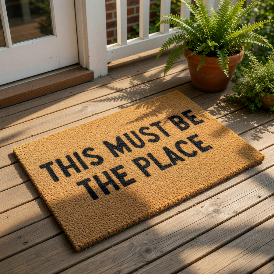 This Must Be The Place doormat featuring bold black text on a natural coir fiber welcome mat, perfect for a front porch entry, housewarming decor, or a stylish outdoor floor rug for your home entrance and entryway floor decor.