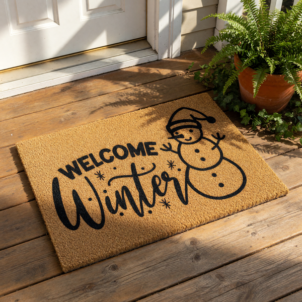 Welcome Winter snowman doormat featuring a festive holiday design on natural coir fiber, this seasonal outdoor welcome mat is a durable front porch rug for winter home decor and a cheerful entryway floor mat for the holiday