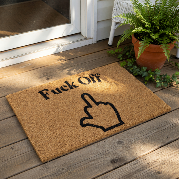 Funny Fuck Off doormat with a middle finger hand gesture graphic, this rude coir welcome mat features bold black text on a natural fiber rug, perfect for a sarcastic front porch entry or a humorous housewarming home decor