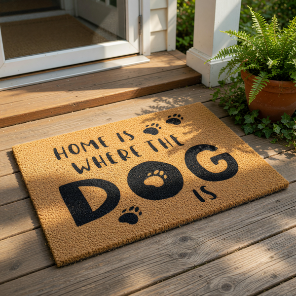 A textured doormat with the phrase "Home is where the dog is" printed on it.