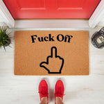 Funny Fuck Off doormat with a middle finger hand gesture, featuring a natural coir fiber texture for a front porch welcome mat that adds rude humor to your home entryway decor, shown on a porch with red shoes standing in front of