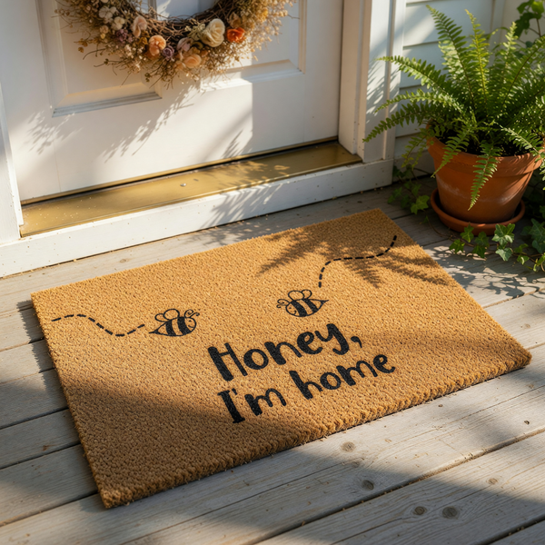 Honey I'm home coir doormat with cute bee illustrations and a dashed flight path, this natural fiber welcome mat is a funny front porch decor piece for housewarming, entryway, or apartment door entryways for a fun home look.
