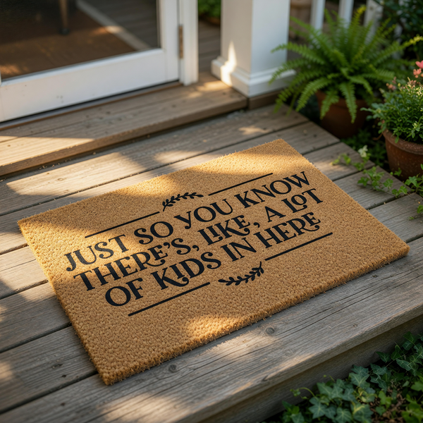 Funny kids welcome doormat featuring natural coir fiber material with black text that reads Just So You Know There Is Like A Lot Of Kids In Here, a humorous front porch rug for parents and families with a decorative leaf design.