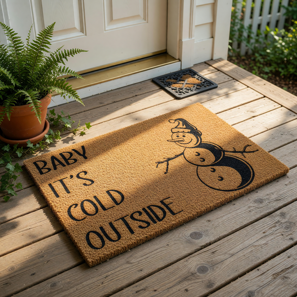 Baby It's Cold Outside snowman doormat featuring a festive winter design on natural coir fiber, this holiday welcome mat is a seasonal front porch rug for Christmas home decor that adds a cheerful touch to your entryway floor.