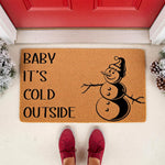 Baby It's Cold Outside snowman doormat for front porch decor, featuring a natural coir welcome mat with a black printed winter holiday design, perfect for seasonal home entryways and festive outdoor floor mat decorations.