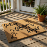 Baking Spirits Bright Christmas doormat featuring cute gingerbread man cookies and a rolling pin design on natural coir fiber, this festive holiday welcome mat is a fun seasonal floor rug for your front porch or entryway decor.