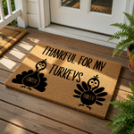 Personalized Thanksgiving doormat featuring two cute turkey illustrations and the text Thankful For My Turkeys, this natural coir fiber welcome mat is a festive fall home decor piece for your front porch entry during the holiday