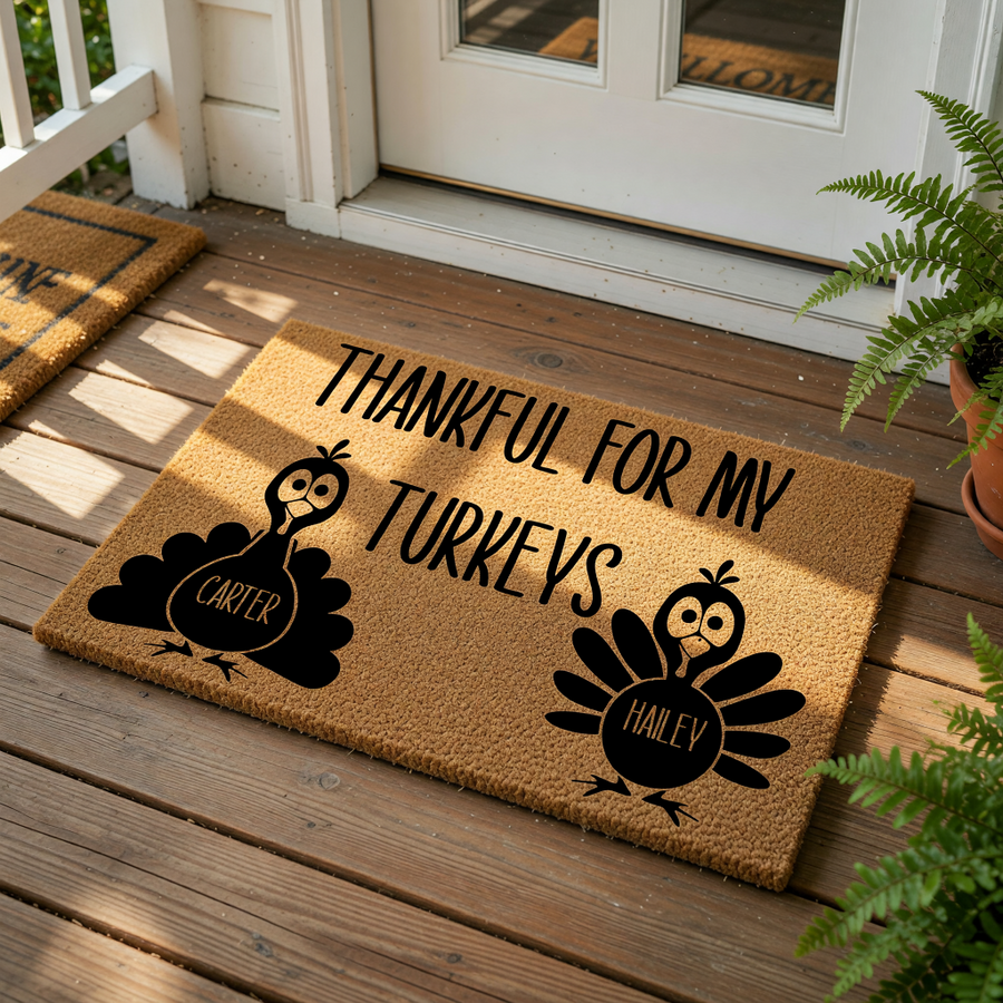 Personalized Thanksgiving doormat featuring two cute turkey illustrations and the text Thankful For My Turkeys, this natural coir fiber welcome mat is a festive fall home decor piece for your front porch entry during the holiday