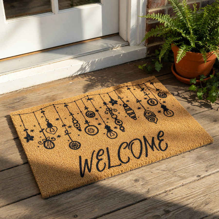 Christmas ornament welcome doormat featuring hanging holiday baubles and light bulbs on a natural coir fiber mat, perfect for a festive front porch entry decor or a seasonal housewarming entrance rug for your home.