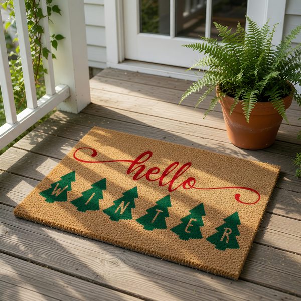 Hello Winter Christmas doormat featuring a natural coir welcome mat with red script text and six green pine trees, each containing a letter to spell out winter for a festive holiday porch decor and seasonal entryway floor mat