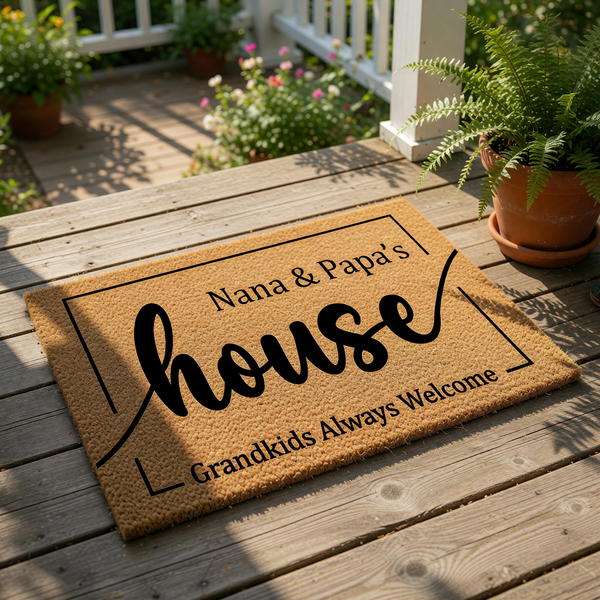 Nana and Papa's house doormat featuring a natural coir fiber texture with black printed text that reads Nana and Papa's house and Grandkids Always Welcome, making a personalized front porch welcome mat for grandparents and family
