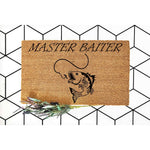 Master Baiter fishing doormat made of natural coir fiber, featuring a funny fish design for outdoor entryways, this humorous front door mat is a great housewarming decor piece for any fisherman who loves a good pun and outdoor