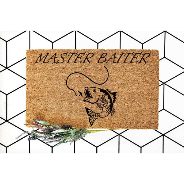 Master Baiter fishing doormat made of natural coir fiber, featuring a funny fish design for outdoor entryways, this humorous front door mat is a great housewarming decor piece for any fisherman who loves a good pun and outdoor