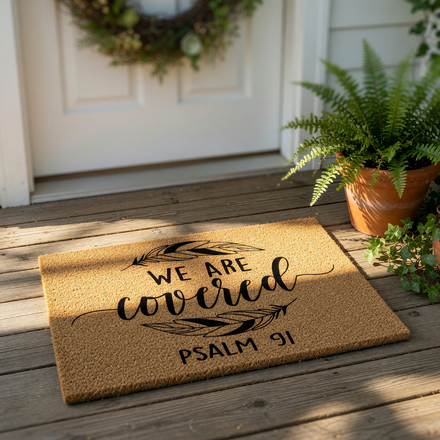 A textured area rug with a decorative design and text printed on it.
