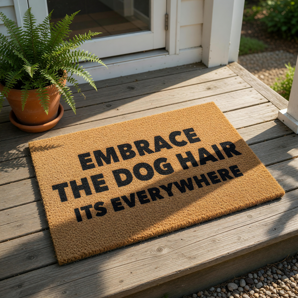 A textured doormat with the message "EMBRACE THE DOG HAIR IT'S EVERYWHERE" printed on it.