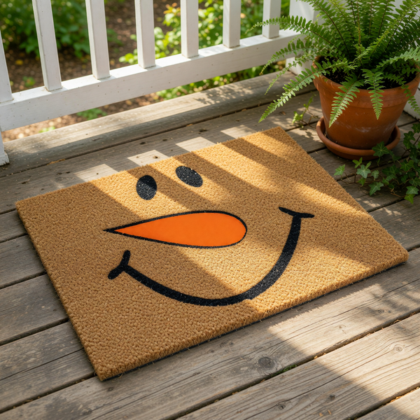 a door mat with a smiling face on it