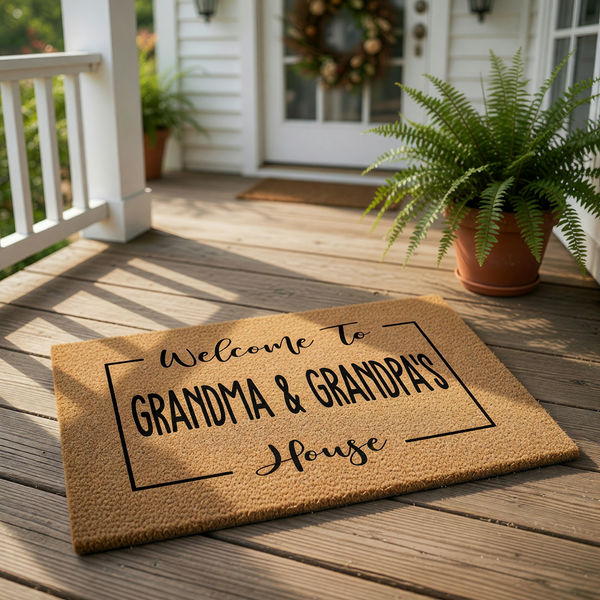 a welcome mat with the text "Welcome To Grandma & Grandpa's House" written on it, surrounded by various holiday decorations such as ornaments, pine cones, and a pair of boots.
