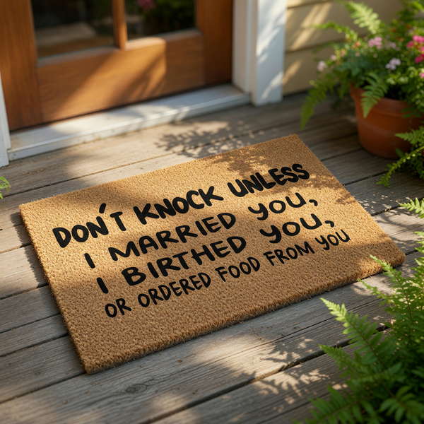 a humorous text message on a doormat, stating "Don't knock unless I married you, I borned you, or ordered food from you".